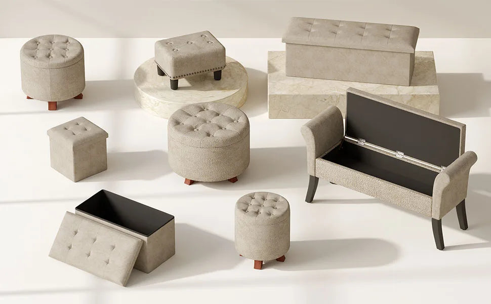 Round footstool, upholstered with storage, taupe and black.
