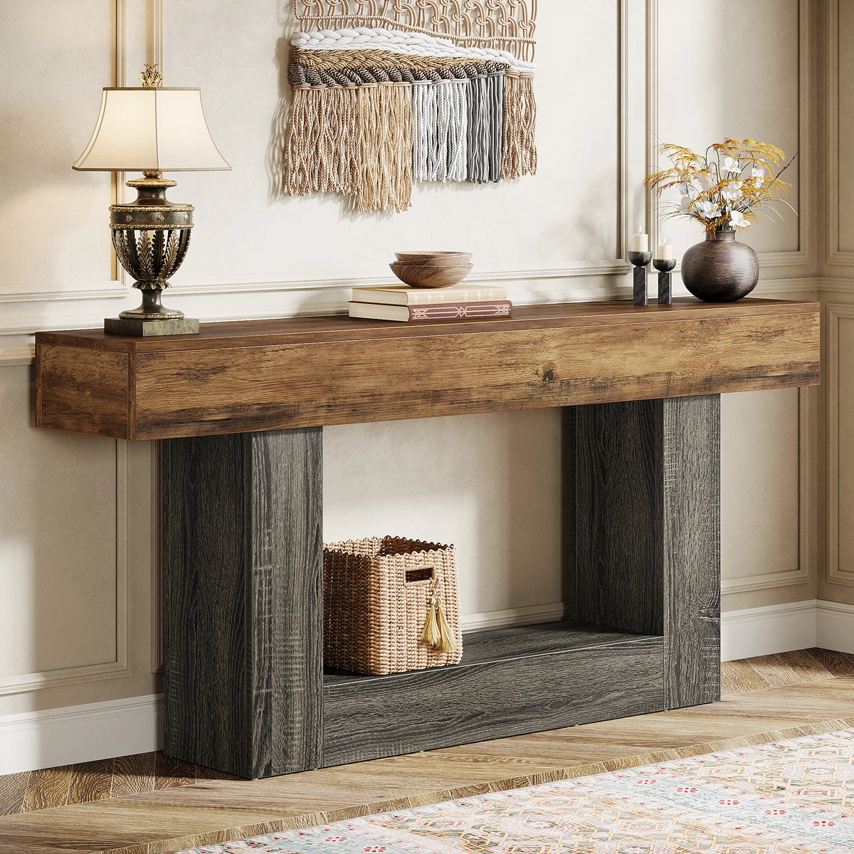 63" Console Table, Farmhouse 2-Tier Entryway Table with U-Shaped Base, Narrow Long Wood Sofa Table, Behind Couch Table