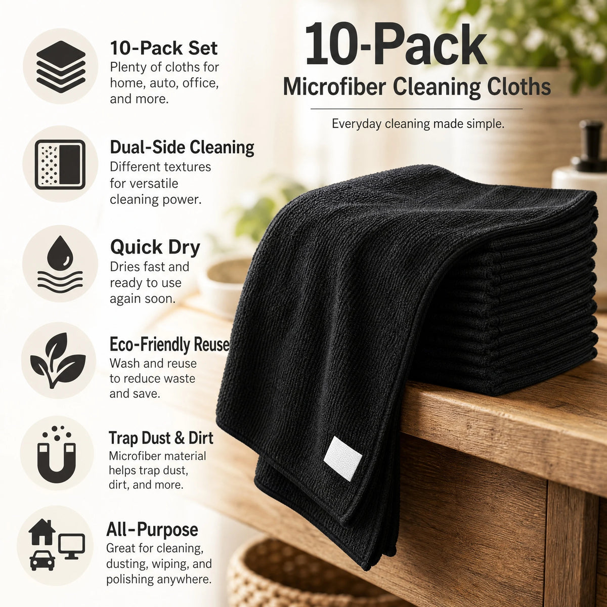 Heavy Duty Microfiber Cleaning Towels, 10 Pack, 25x25cm, Ultra Soft & Highly Absorbent, Dry & Wet Use, Streak-Free Cleaning