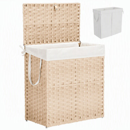 110L Laundry Basket with Lid, Foldable Wicker Laundry Hampers with Side Handles, Removable Liner, Rattan Laundry Basket with Sturdy Steel Frame