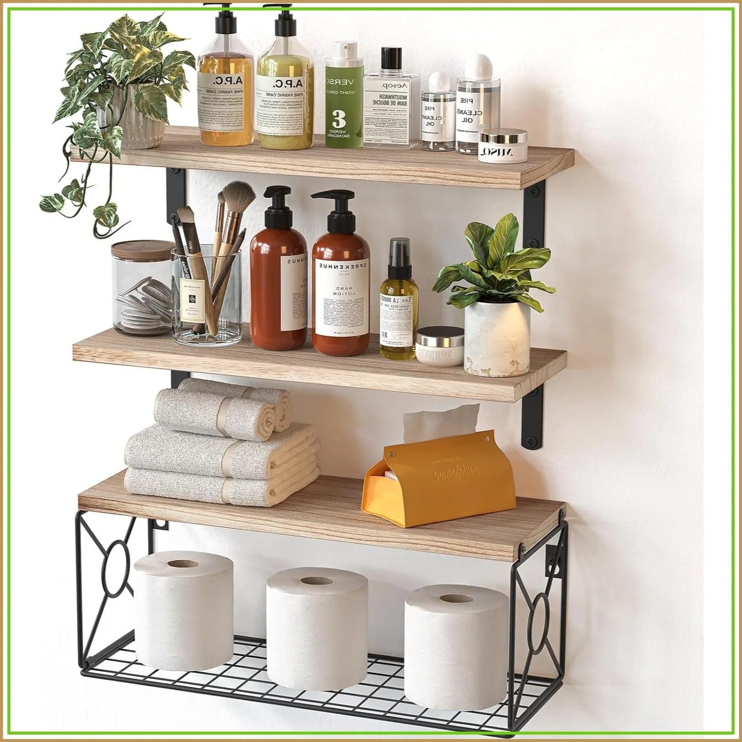 Bathroom Shelves Over Toilet with Storage Basket, Natural Wood