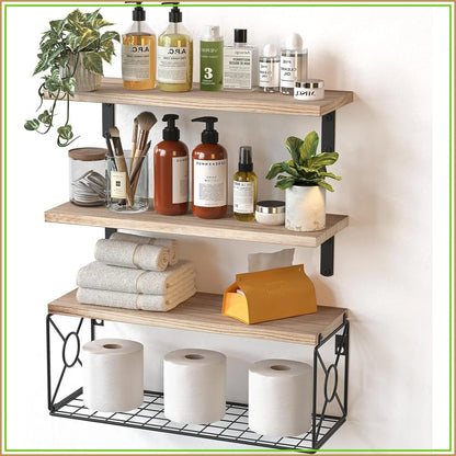 Bathroom Shelves Over Toilet with Storage Basket, Natural Wood