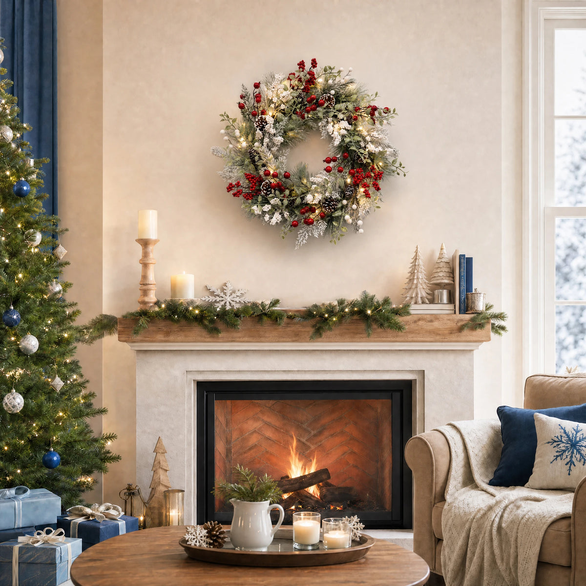 24 inch Pre-Lit Christmas Wreath with 20 LED Lights, 8-Mode Timer, Snowy Pinecone Berry Holiday Wreath for Front Door, Indoor Outdoor Decor