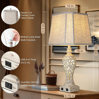 28.5" Table Lamps Set of 2 with Fabric Shades for Bedroom and Living Room with USB