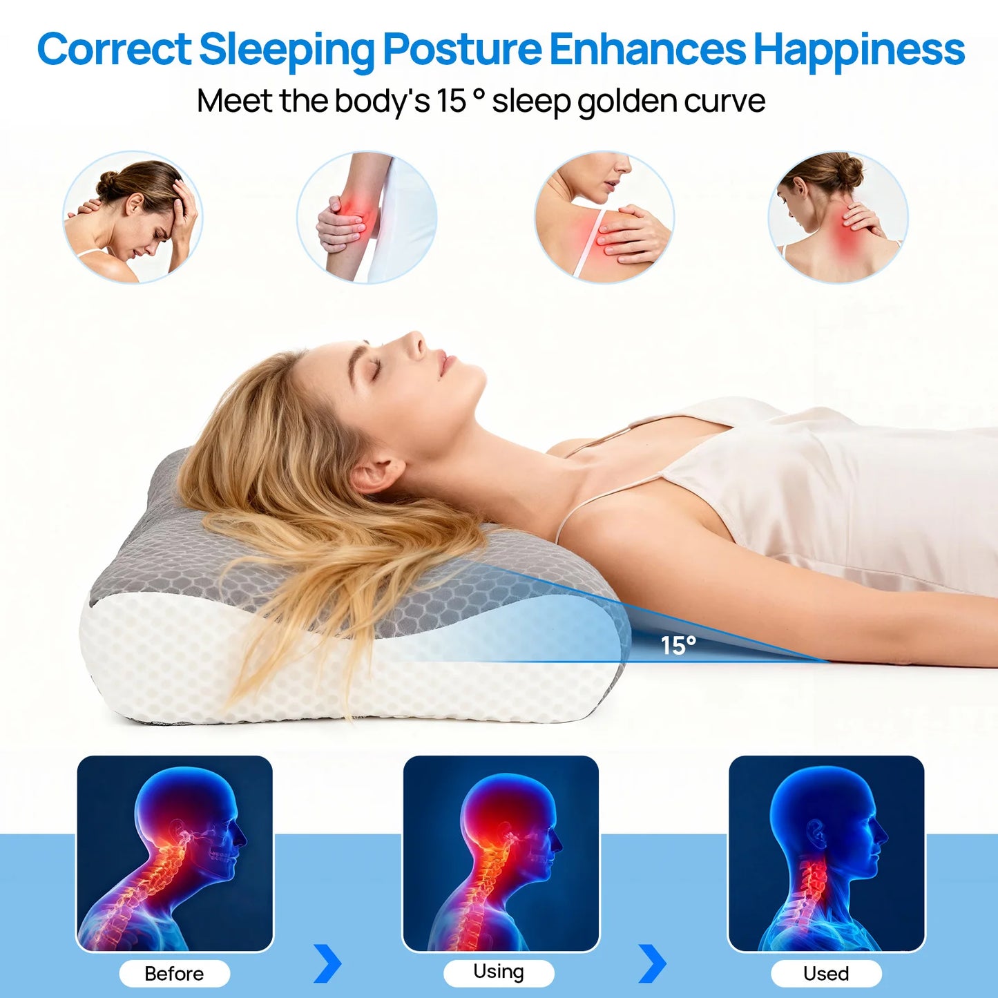 Cervical Neck Double Sided Pillow w/Memory Foam