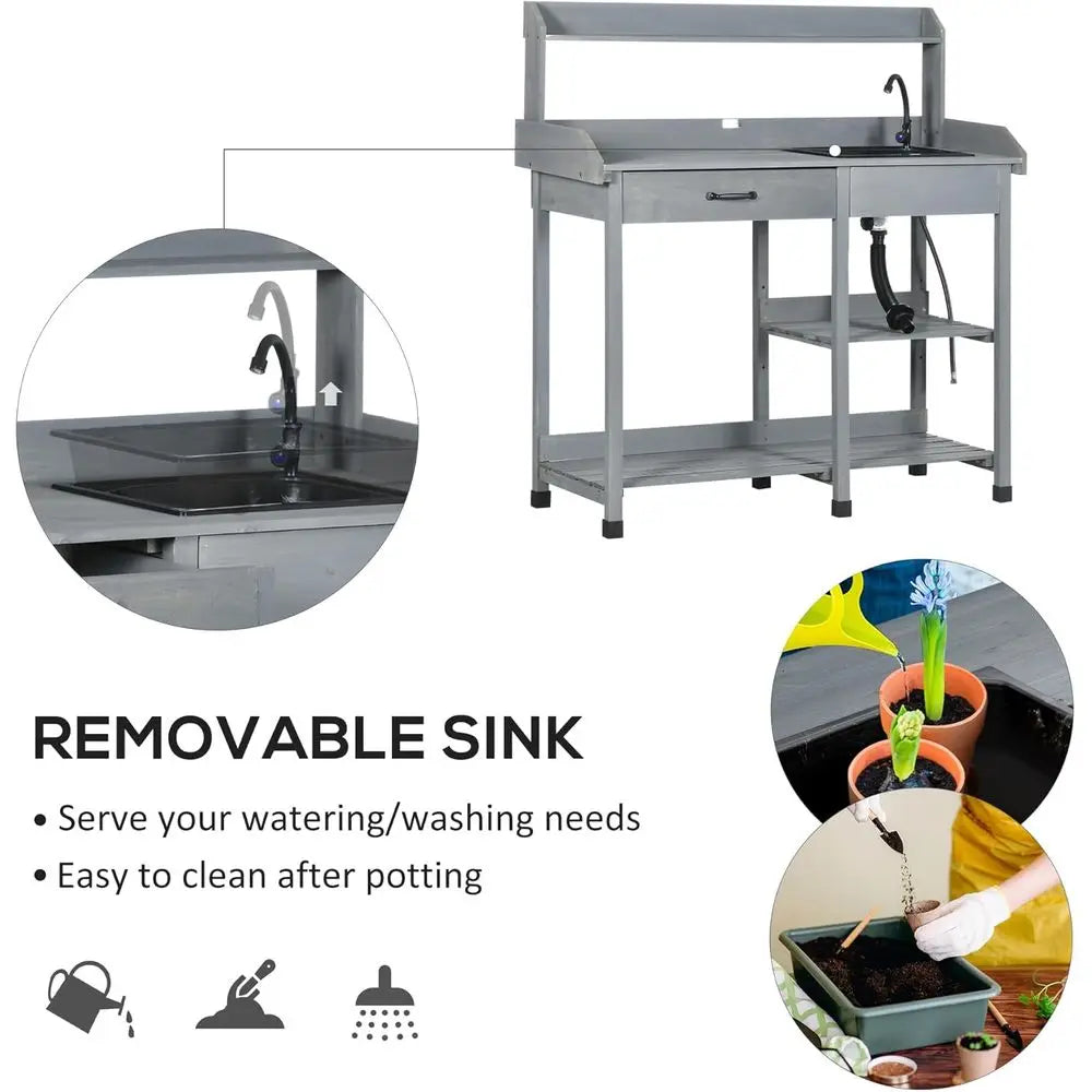 Outdoor Wooden Garden Workbench with Detachable Sink, Faucet, Storage, and Hooks, Gray