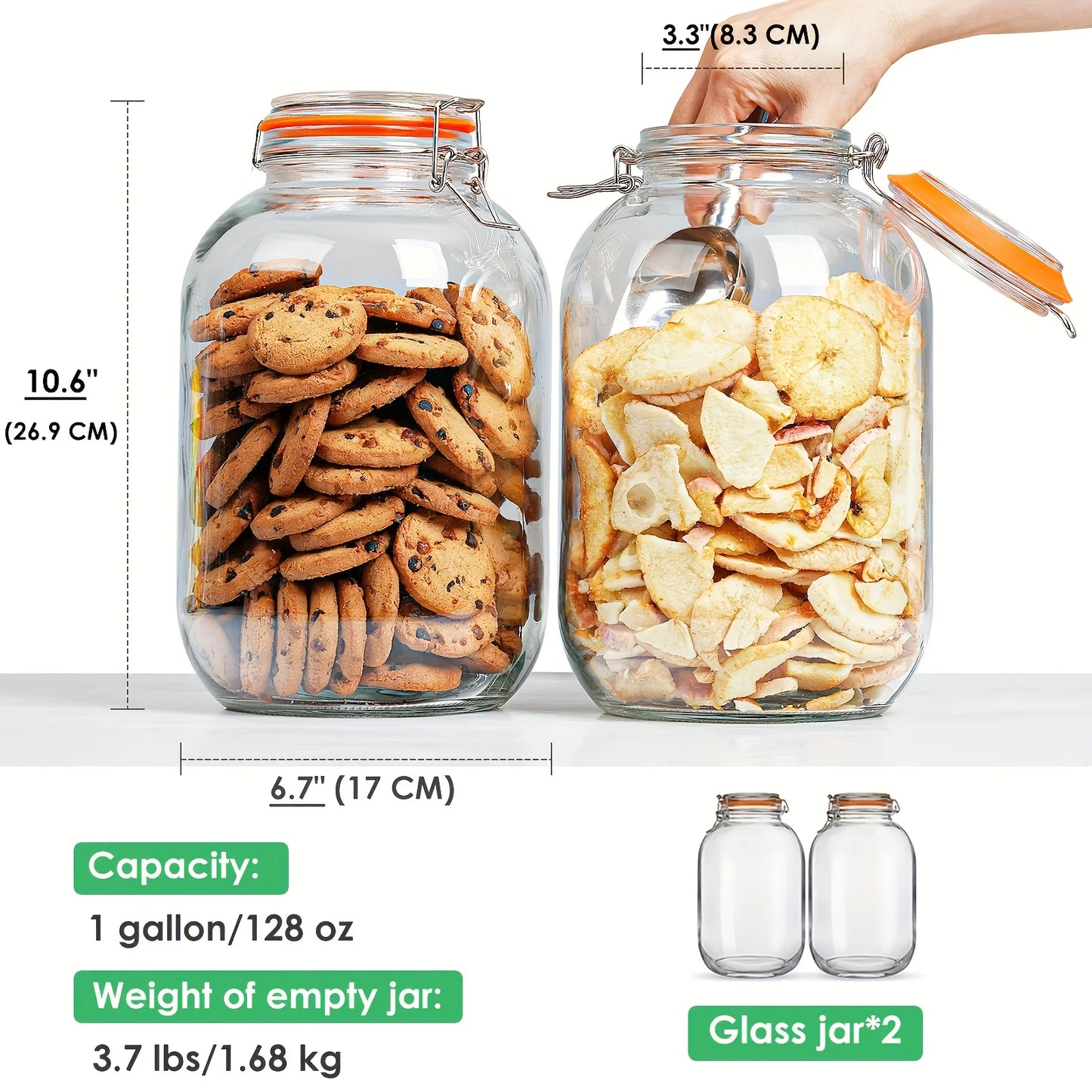 2-pack - Glass Wide-mouth Jar with Hinged Sealing Lid, 1 Gallon for Fermentation, Canning, Preserving