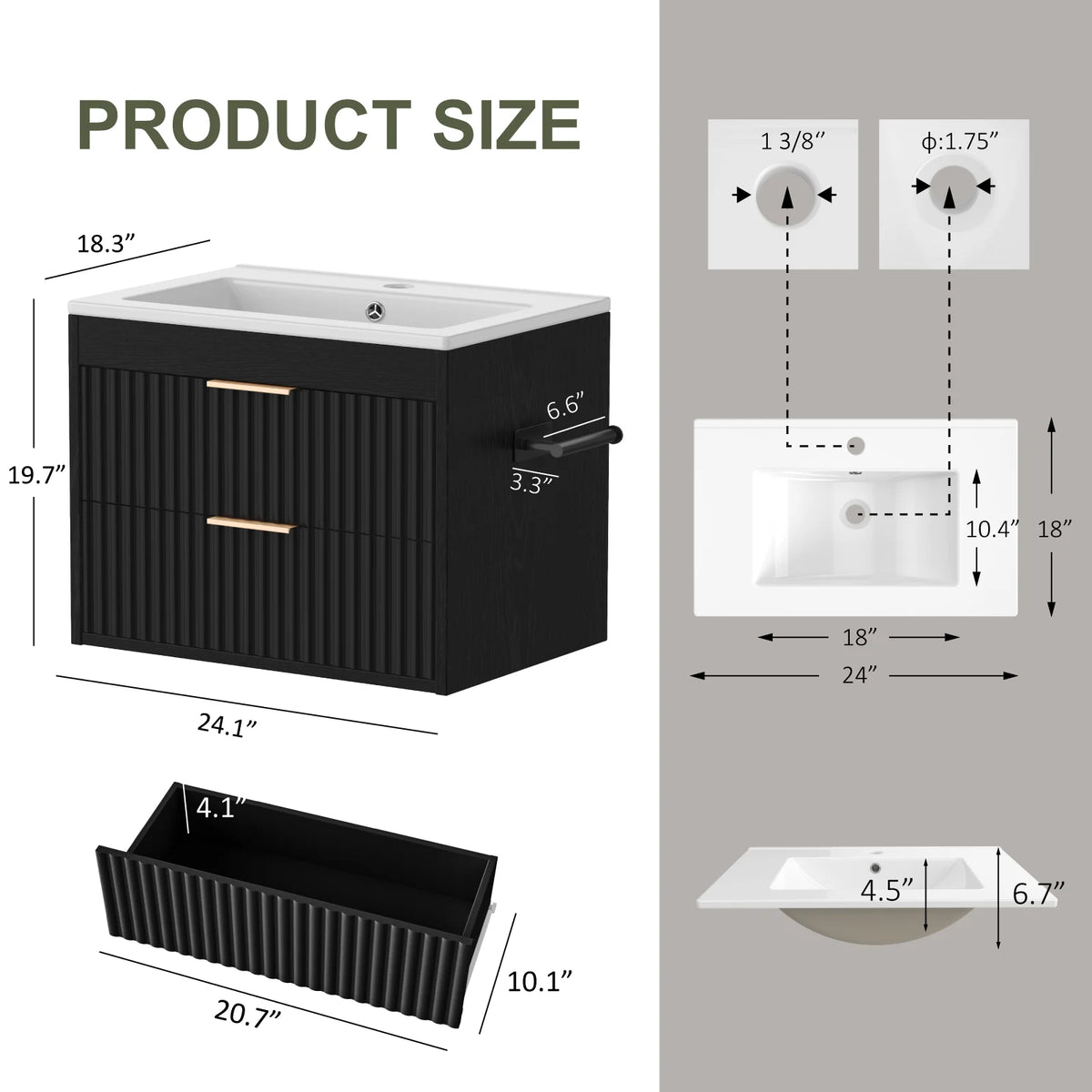 24' Floating Bathroom Vanity with Sink, Modern Wall Mounted Cabinet, 2 Drawers with Black Handles, for Bathroom/Laundry Room