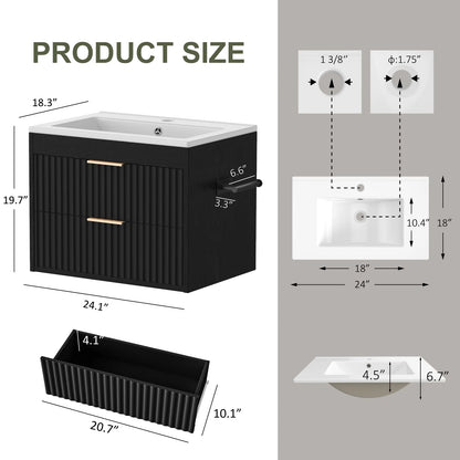 24' Floating Bathroom Vanity with Sink, Modern Wall Mounted Cabinet, 2 Drawers with Black Handles, for Bathroom/Laundry Room