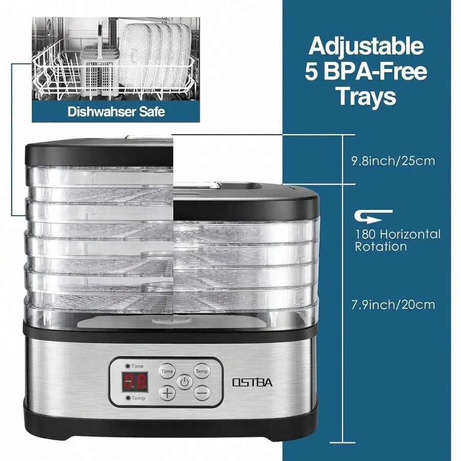 Stainless Steel Food Dehydrator with Adjustable Temperature & 72H Timer, 5-Trays