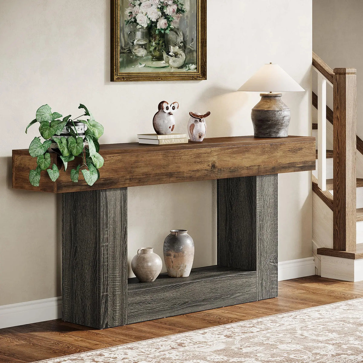 63" Console Table, Farmhouse 2-Tier Entryway Table with U-Shaped Base, Narrow Long Wood Sofa Table, Behind Couch Table
