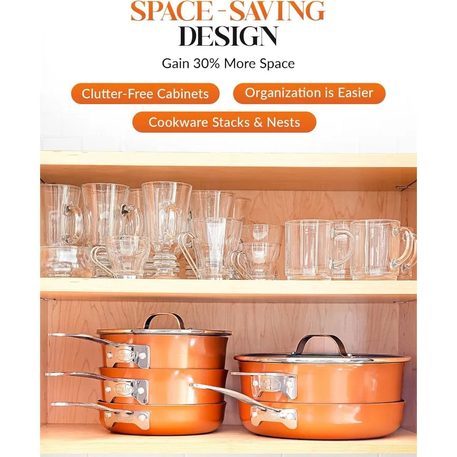 Stackable Pots and Pans, 10 Piece Cookware Set with Ultra Nonstick Cast Texture, Ceramic Coating Copper