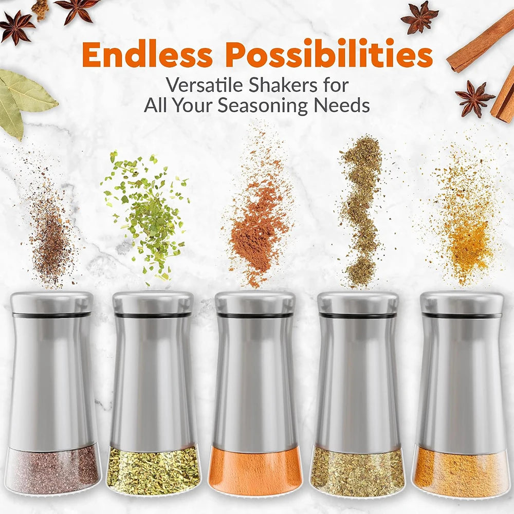 Glass Salt/Pepper Shakers, Stainless Steel Spice Dispenser with Adjustable Pour Holes, Kitchen Items