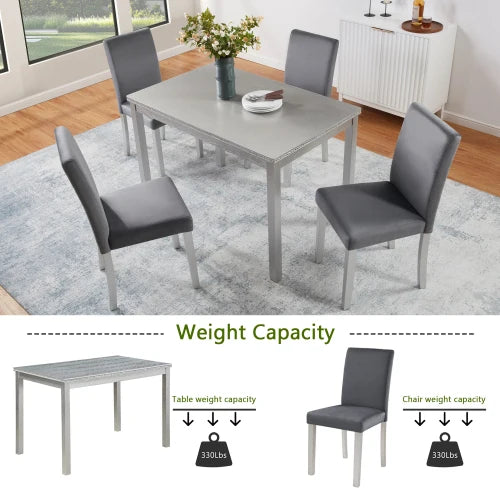 5-piece wooden dining table set with rectangular table and 4 cushioned chairs, decorated with crystal, silver gray