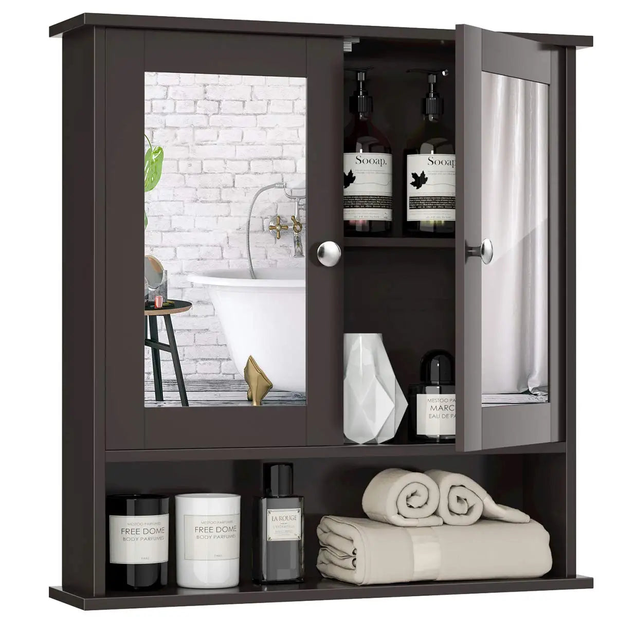 Bathroom Medicine Cabinet With Mirror, Wall Mounted Wooden Organizer With Doors And Shelves