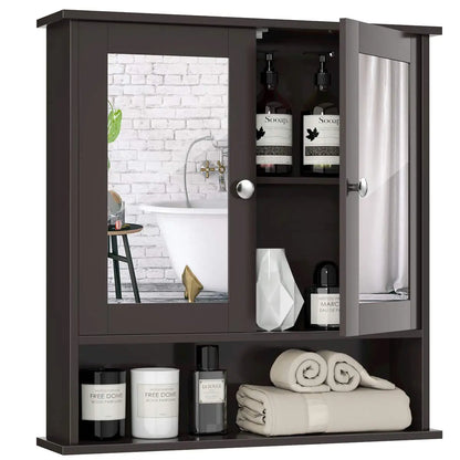 Bathroom Medicine Cabinet With Mirror, Wall Mounted Wooden Organizer With Doors And Shelves