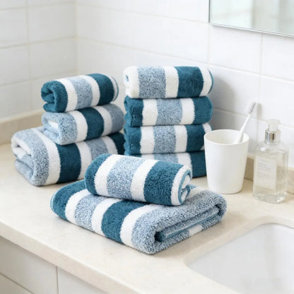 18pcs Luxury Bath Towels Set - Quick-Dry Highly Absorbent Plush Soft Coral Fleece-like Texture, Multi-Size Family Bathroom Towels with Hanging Loops (30x30cm, 70x140cm) for Home, Hotel & Spa - Navy & Striped Design