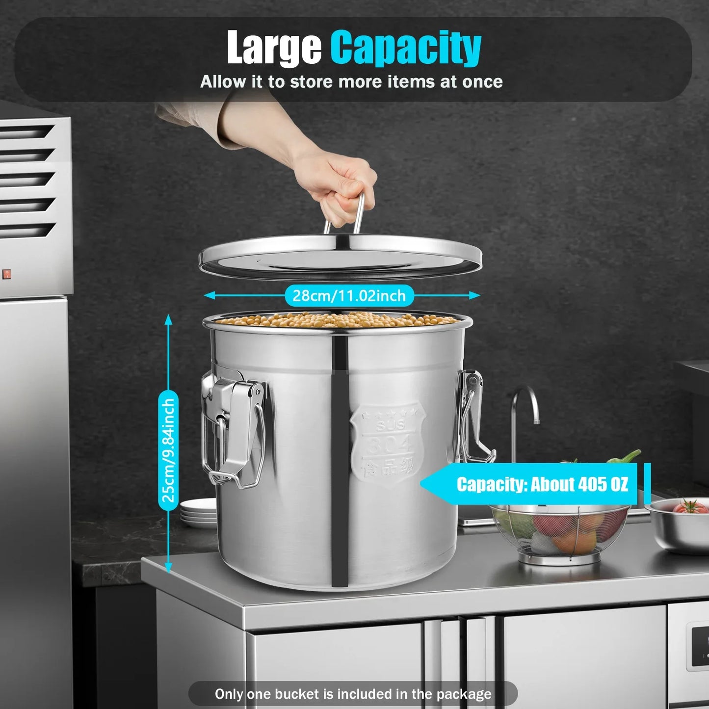 12/33L Airtight Canister 304 Stainless Steel, 3.2Gal Canisters Container w/Lids and Sturdy Locking Clamp