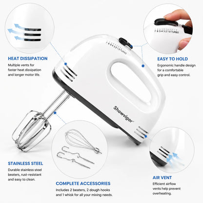 7 Speed Portable Electric Handheld Mixer with 5 Stainless Steel Accessories