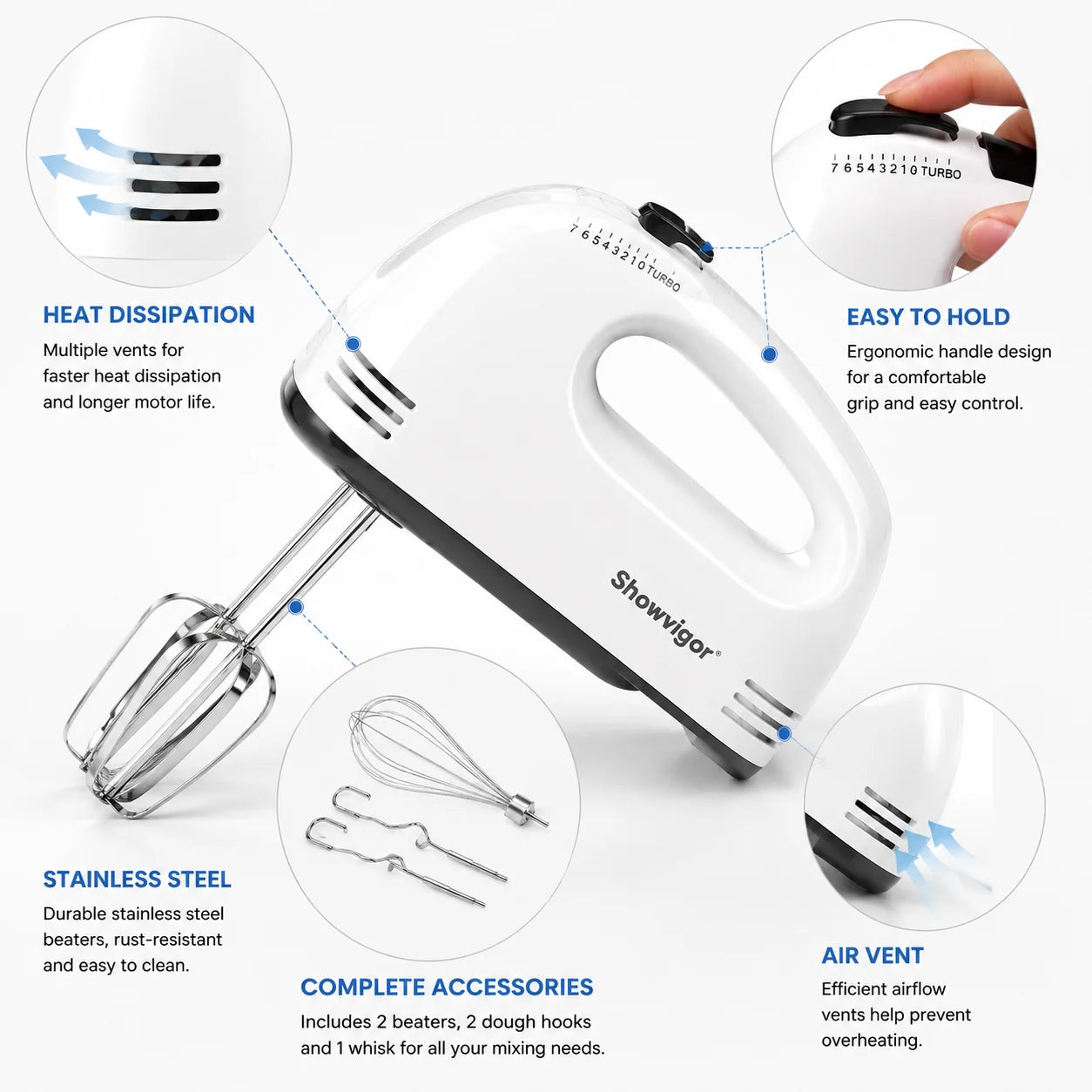 7 Speed Portable Electric Handheld Mixer with 5 Stainless Steel Accessories