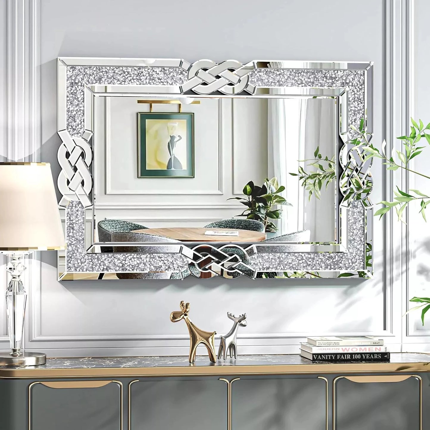 Crushed Diamond Wall Mirror, Rectangular Glass, Silver with Decorative Crystal Frame Edge