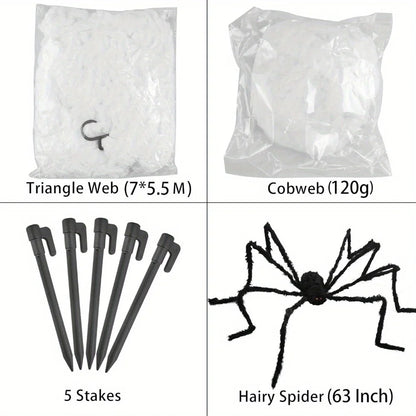 Halloween Decoration Outdoor 59'' Giant Spider with 400 sqft Spider Web, Outside Decor, Stretchy Triangular Spiderweb 23 x 18 ft for Yard, Haunted House, Photobooth Props