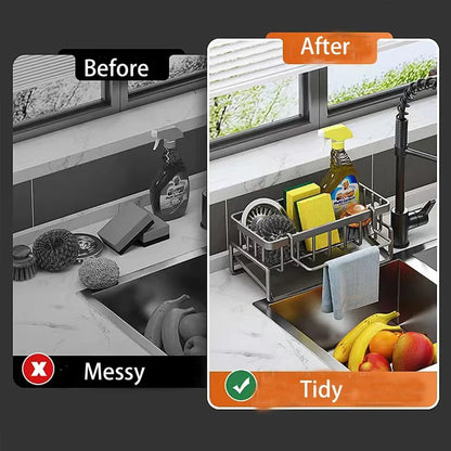 1-Pack Kitchen Sink Organizer Caddy - Metal Storage Rack with Drain Tray , Corner Smooth Design to Keep Sink Area Tidy & Dry