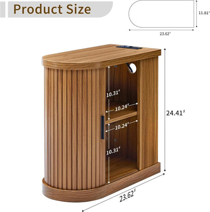Nightstands with Charging Station, Narrow Side Table with Storage Doors and Shelves, for Small Spaces, Walnut