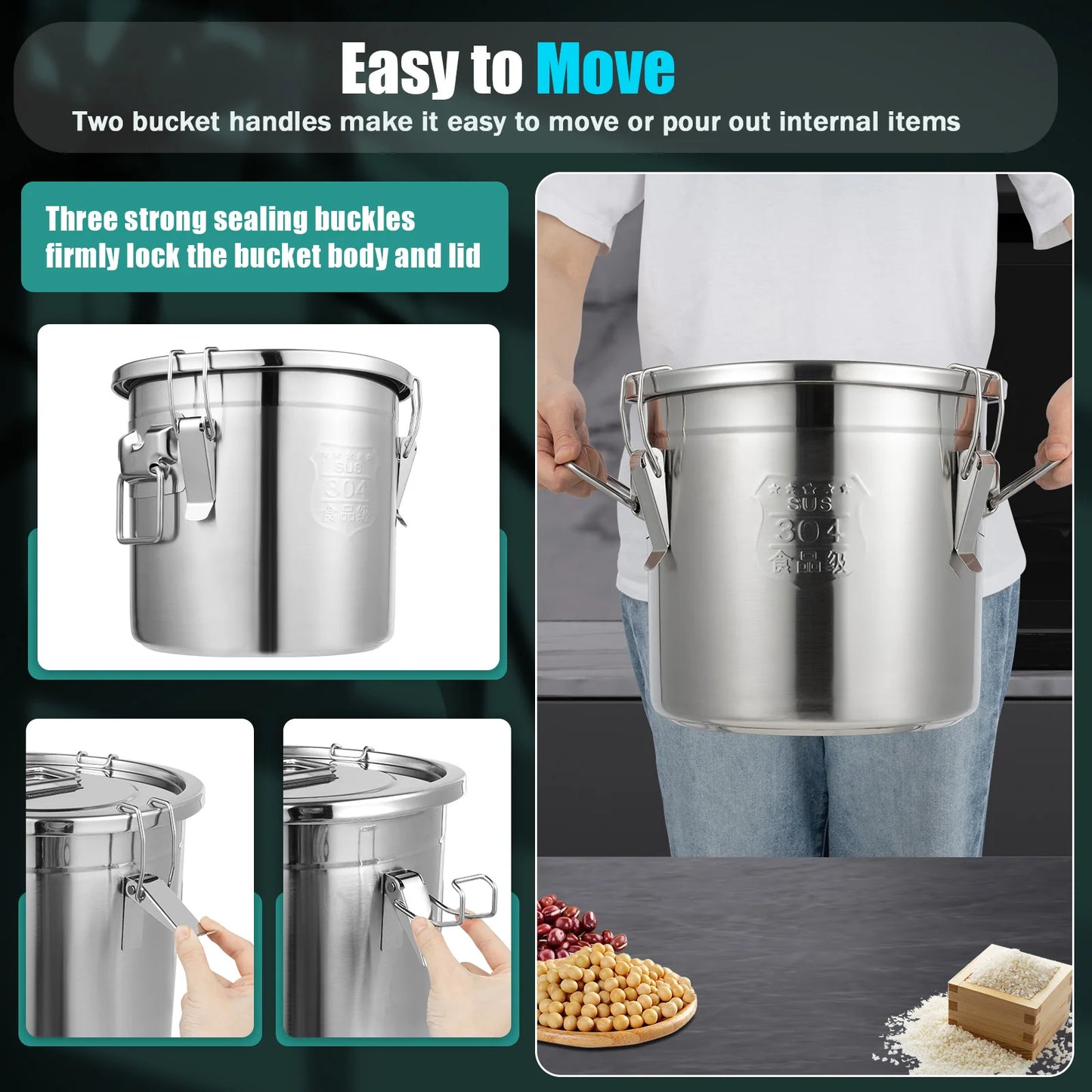 12L 304 Stainless Steel Kitchen Container for Rice, Oil, Airtight Durable, Corrosion Resistant