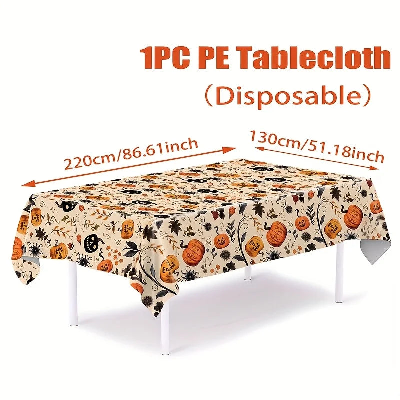 1pc,Halloween Pumpkin Tablecloth, 86.61*51.18inch, Beige Background Plastic Tablecover, Halloween Decoration for Home,Halloween Party,Table Decor