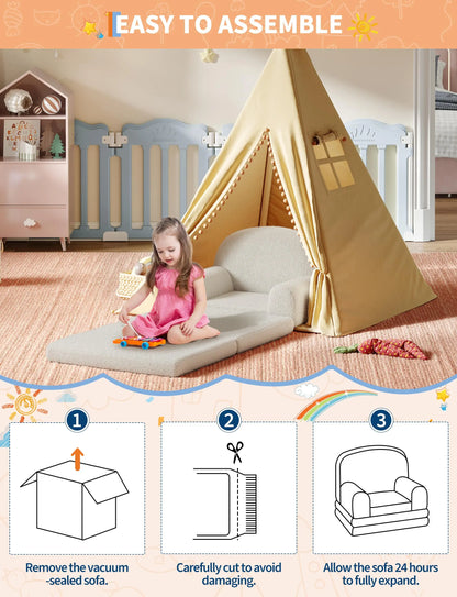 2 In 1 Kids Armchair And Folding Foam Bed, Soft Sherpa Fabric, Ideal For Playroom, Kids' Bedroom