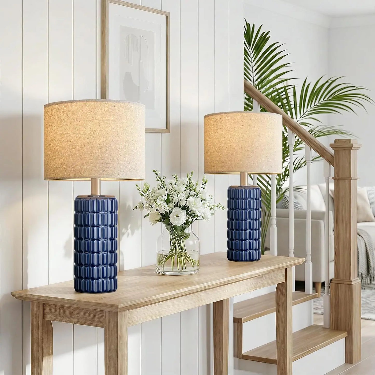23" Modern Ceramic Table Lamp Set of 2 - Farmhouse Design with Linen Shade