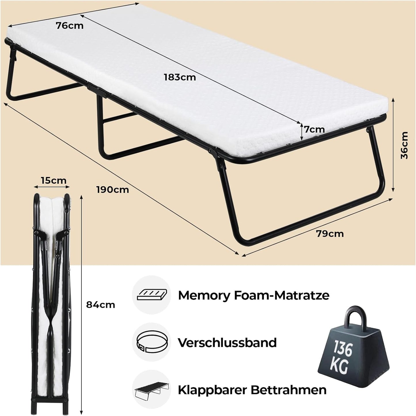 Folding Bed, 80x190cm with 7cm Thick Memory Foam Mattress, Portable