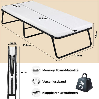 Folding Bed, 80x190cm with 7cm Thick Memory Foam Mattress, Portable