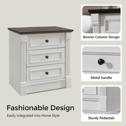 26" Farmhouse Nightstand Set with 3 Drawers, Charging Station, and Rustic Roman Column Design