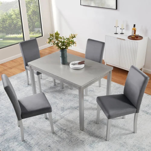 5-piece wooden dining table set with rectangular table and 4 cushioned chairs, decorated with crystal, silver gray