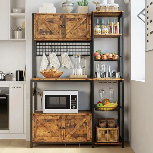 Bakers Rack with 2 Storage Cabinets and Power Outlet, Microwave Stand , Coffee Bar Cabinet