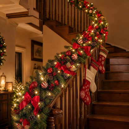 9 ft Christmas Garland with 40 LED Lights, 8 Lighting Modes and Timer, Garland Wreaths Decoration Outdoor Yard Pine Tree Rattan Hanging Ornament