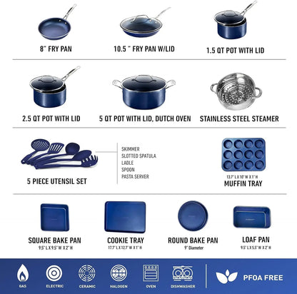 20 Pc Nonstick Kitchen Pots and Pans Cookware Set, with Cooking Utensils
