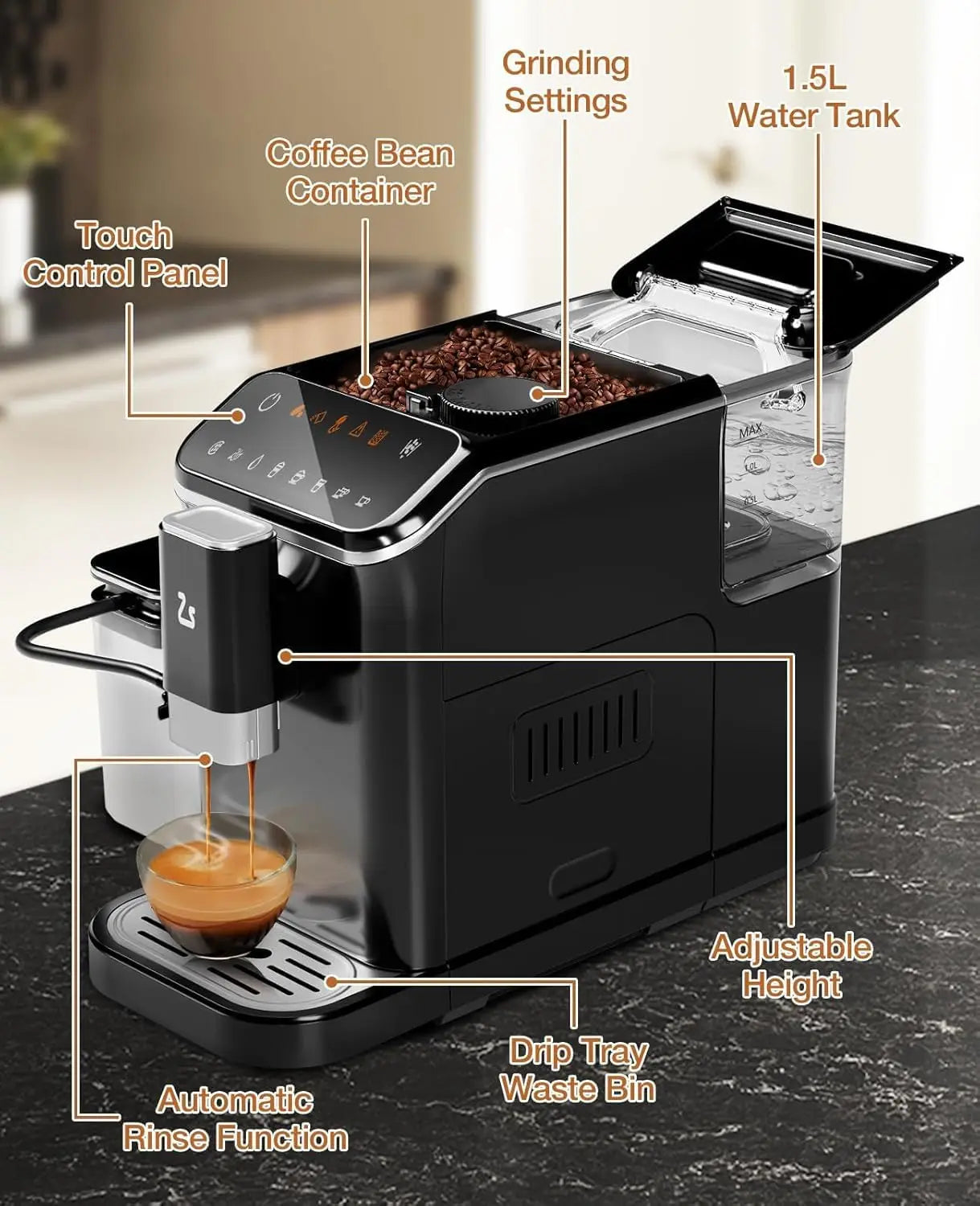Fully Automatic Espresso Coffee Machine with Grinder,Auto Milk Frother, Auto-Cleaning for Latte/Cappuccino