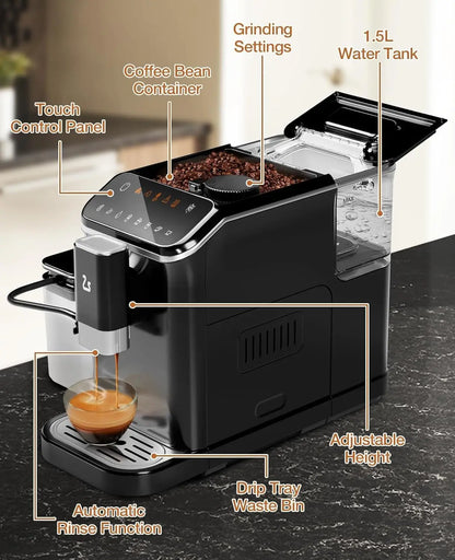 Fully Automatic Espresso Coffee Machine with Grinder,Auto Milk Frother, Auto-Cleaning for Latte/Cappuccino