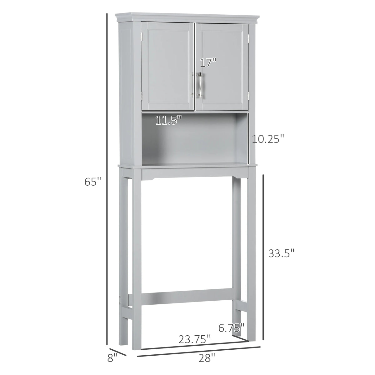 Modern over the Toilet Storage Cabinet, Double Door Bathroom Organizer with Inner Adjustable Shelf and Open Shelf, Grey