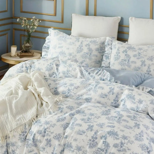 Vintage French Country Toile Duvet Cover Set for Bedroom, 100 Cotton Delicate Ruffle