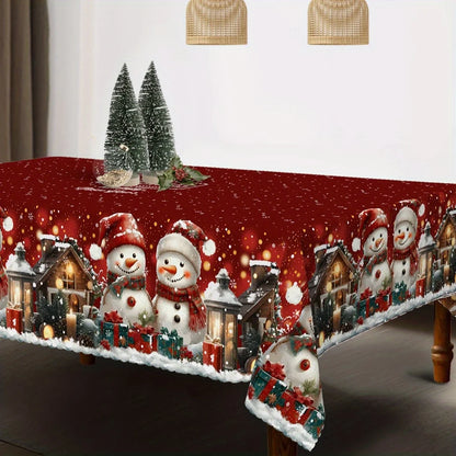1pc Christmas Snowman Tablecloth with Snowflake & Snow Farm Design - Winter Themed Rectangular ' Table, Fabric Suitable for Indoor/Outdoor Holiday Dining, Farmhouse Decorations