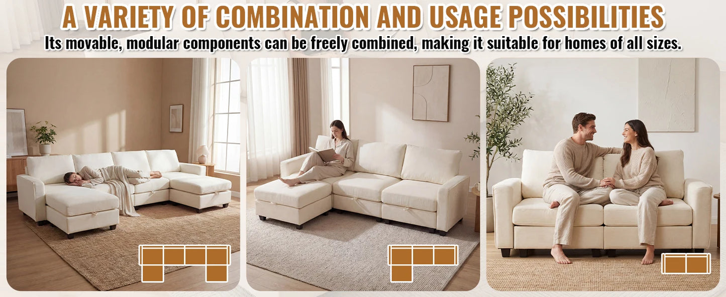 Modular Sectional Sofa Set with 2 Ottomans, U Shaped Convertible Couch with Storage