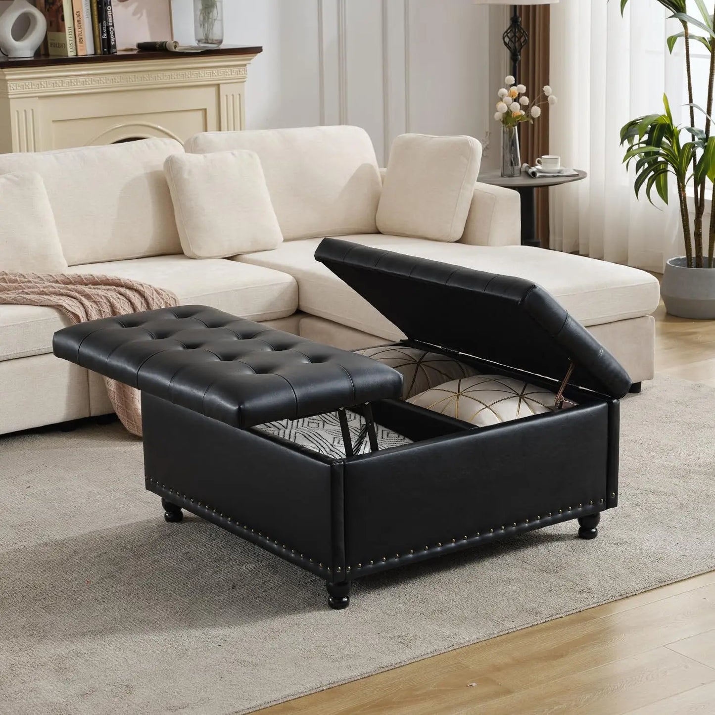 Large Square Storage Ottoman Bench, or coffee Table with Lift Top & Solid Wood Legs