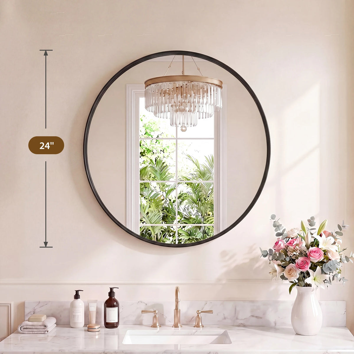 Groove Gold Round Vanity Framed Mirror for Wall, Bathroom Mirror for Over Sink with Matte Metal Frame, Wall Mount