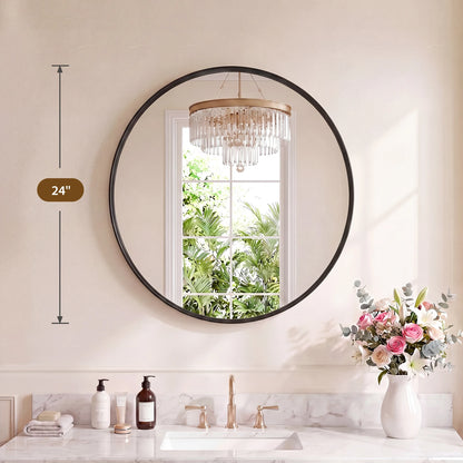 Groove Gold Round Vanity Framed Mirror for Wall, Bathroom Mirror for Over Sink with Matte Metal Frame, Wall Mount
