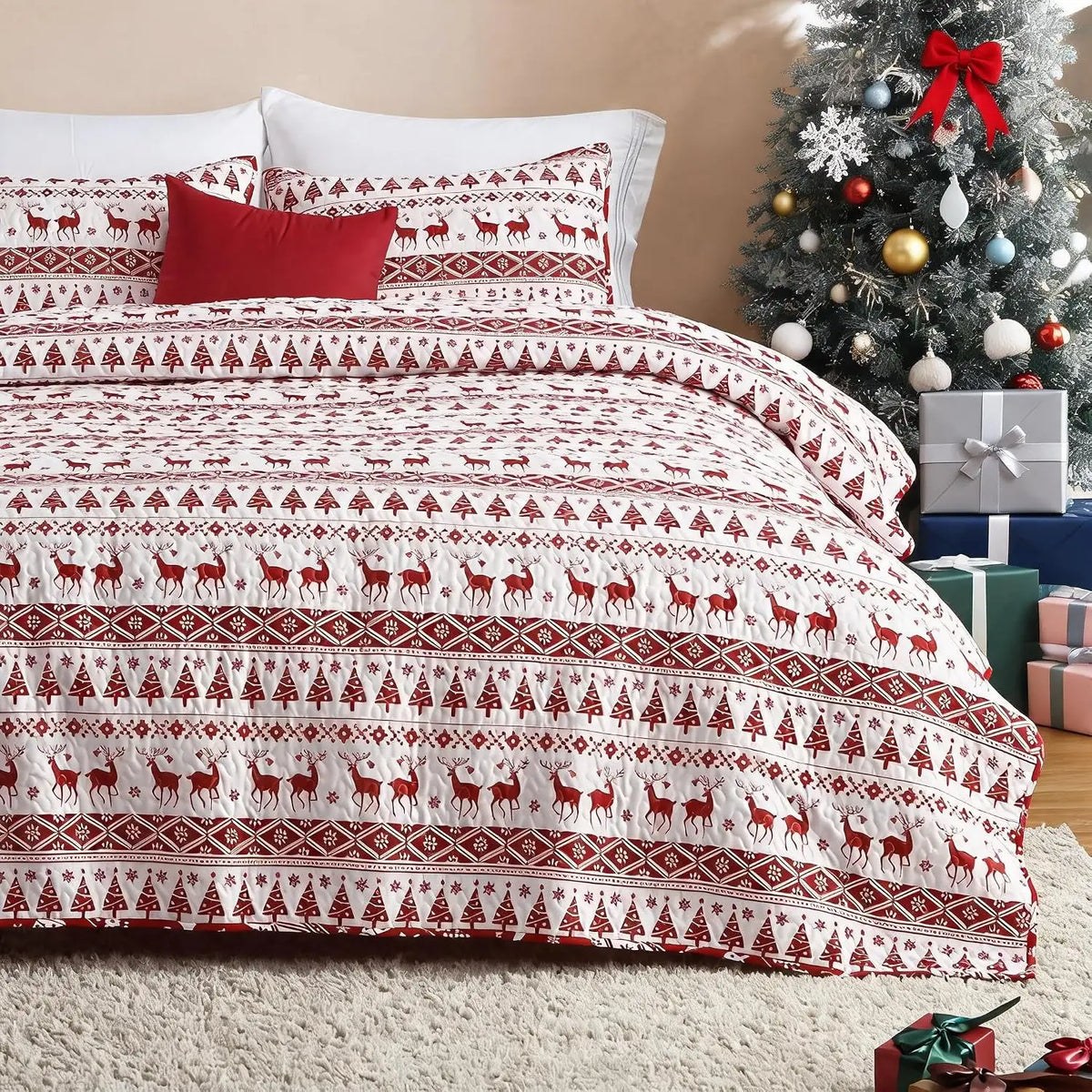 3PCS Christmas Quilt Set King/Queen Size Quilt Set, Winter Blanket, Soft Warm Snowflake Fleece