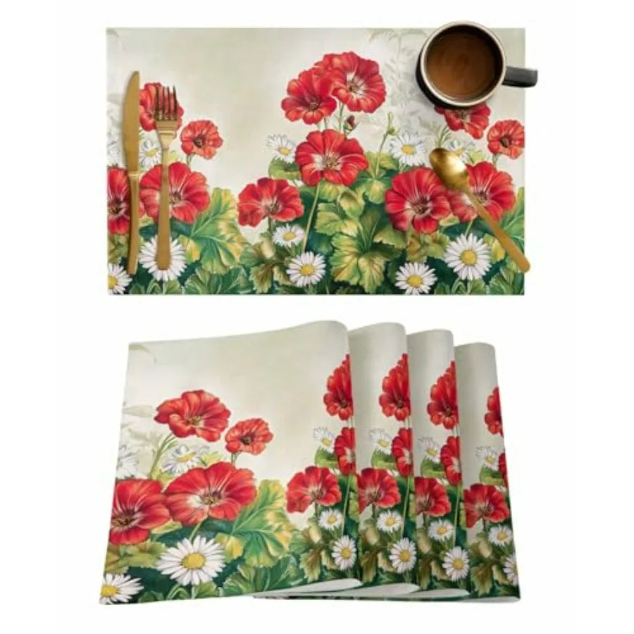 Set of 4 Summer Botanical Blossom Place Mats for Dining Tables, Washable